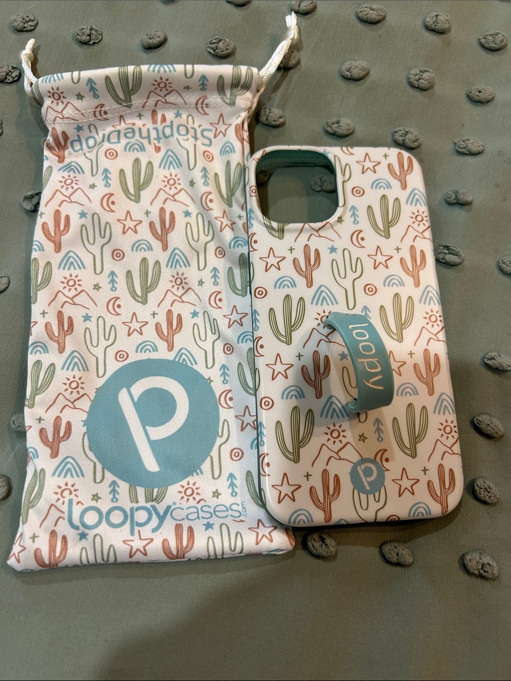Loopy Case White Cactus Print Phone Case with Teal Loop IPhone 14